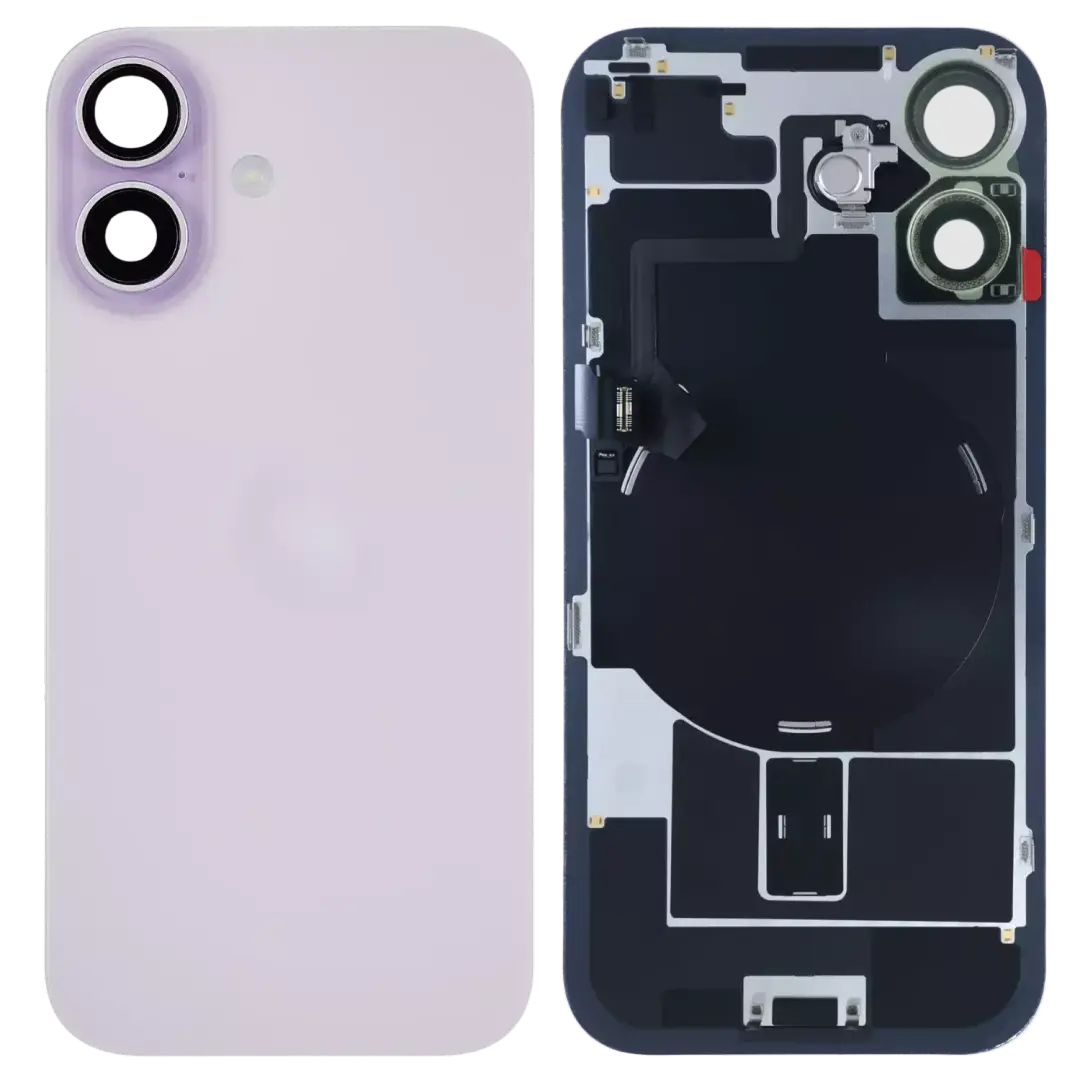 A replacement phone back glass panel shown in two views: the front view on the left in a light lavender color, and the back view on the right showing the internal mounting structure and camera cutouts.