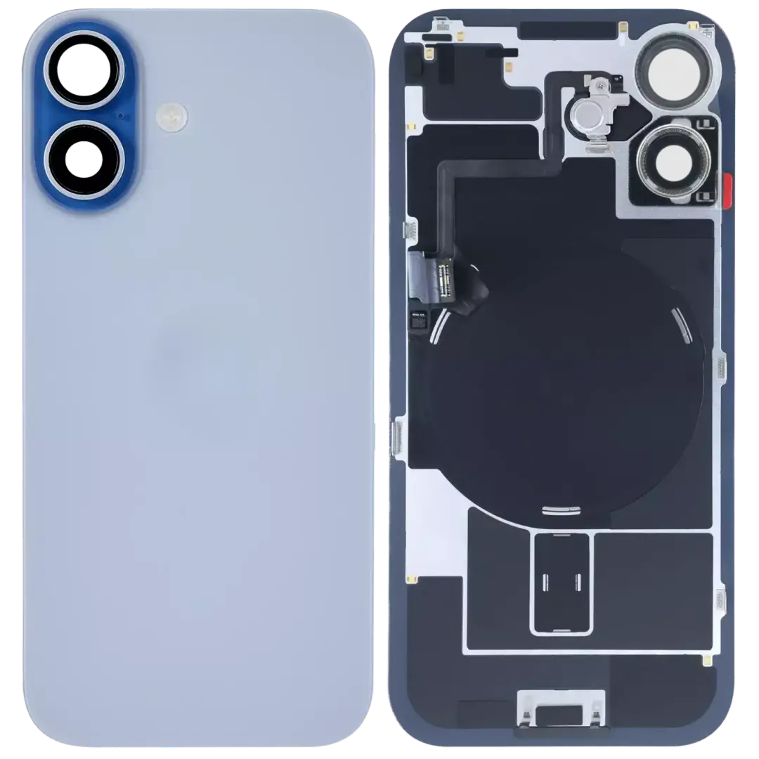 A replacement smartphone back panel shown in two views: the front side in light blue on the left, and the back side with internal components visible on the right.