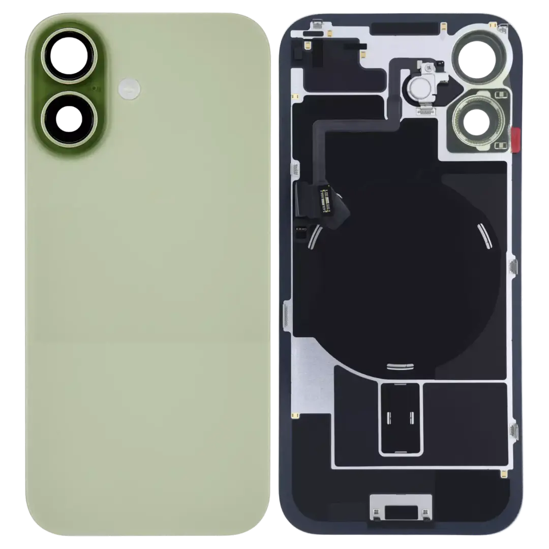 A replacement smartphone back panel shown in two views: the front outer backplate in a pale sage green color on the left, and the inner frame with cutouts and adhesive areas on the right, set against a plain white background.