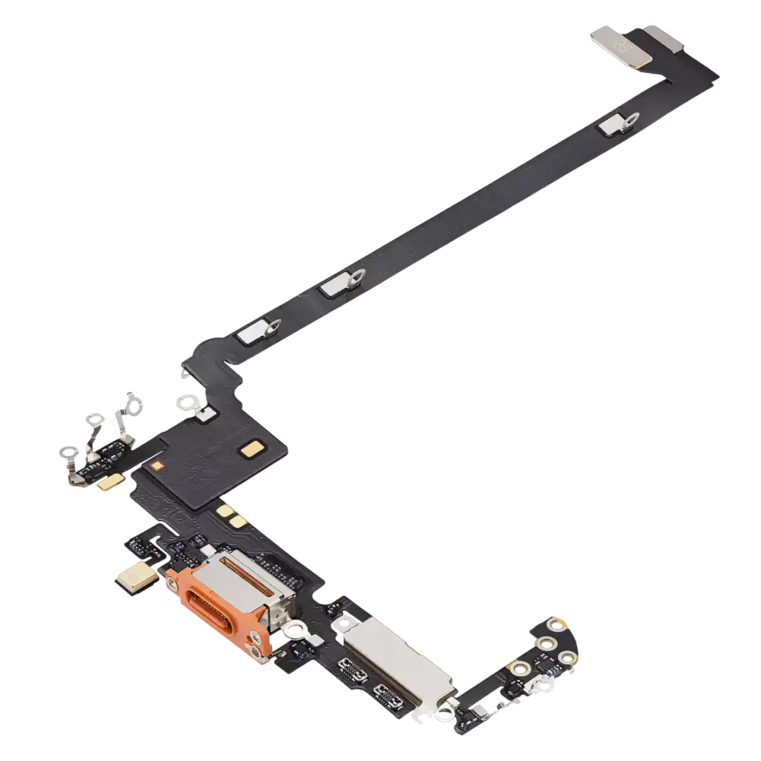 A replacement phone flex cable with a USB-C port, charging contacts, and a long black ribbon connector, shown on a solid white background.