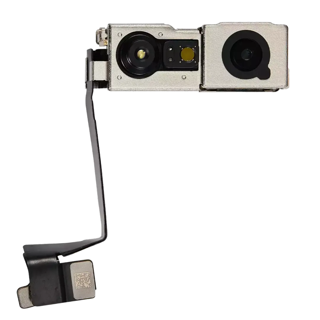A replacement dual-camera module with a silver metal housing, black lenses, and a flexible black ribbon cable, shown against a plain white background.
