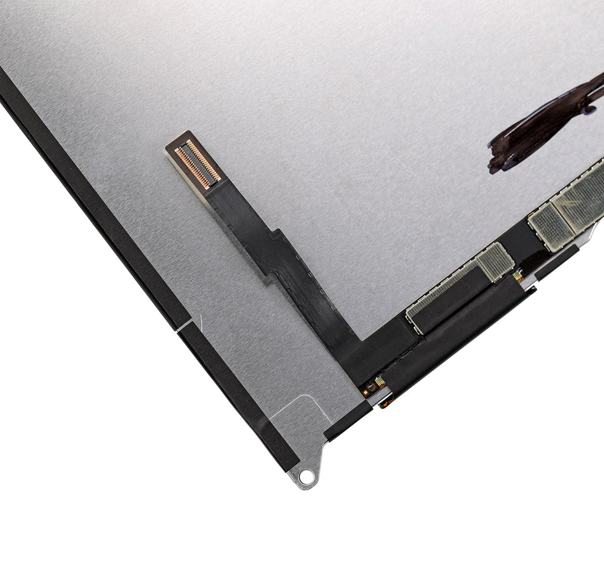 Close-up of a laptop's display panel and flex cable on a white background