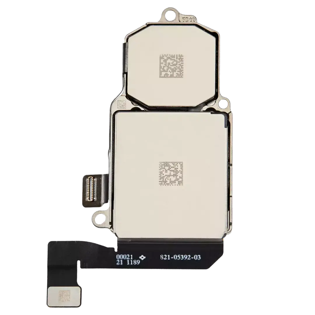 A replacement electronic component, likely a flex cable assembly for a smartphone, featuring two metallic silver square plates with QR codes, a black ribbon cable, and white printed serial numbers on a plain white background.