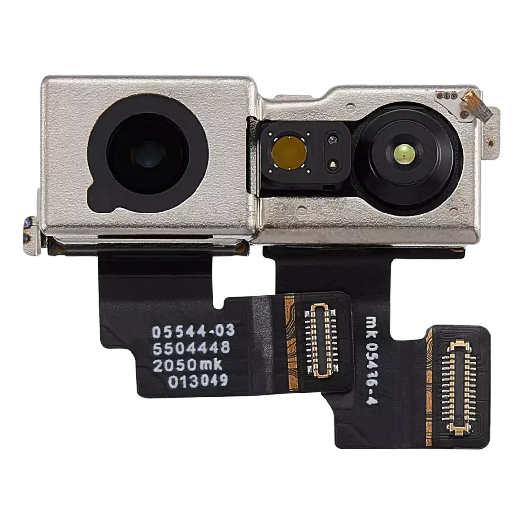 A replacement camera lens module with two lenses, a silver metal housing, and a black flexible circuit board with printed serial numbers, shown on a white background.