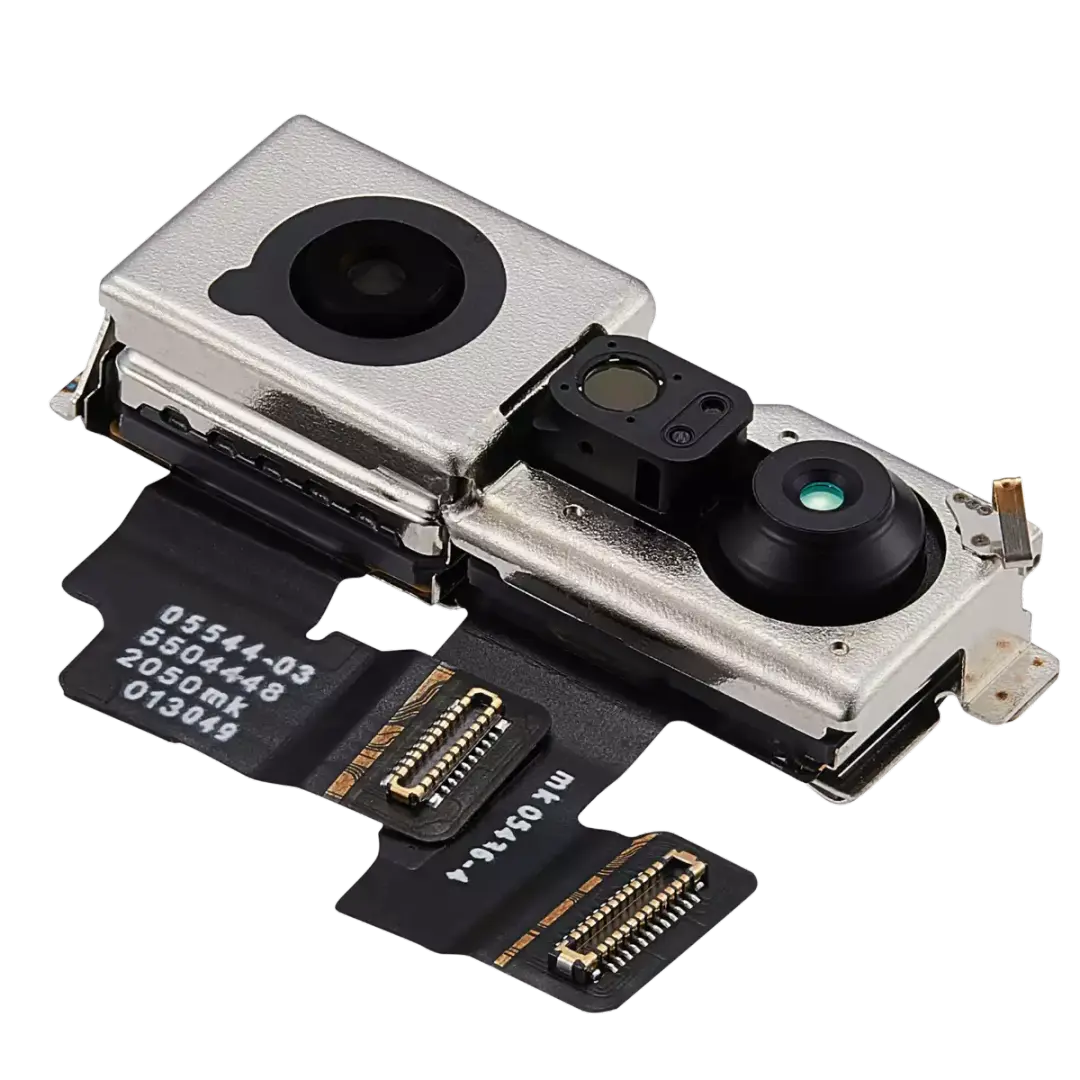 A replacement camera lens module with a silver metal housing, black lenses, and a black flexible circuitry ribbon cable with gold-plated connectors, shown on a white background.