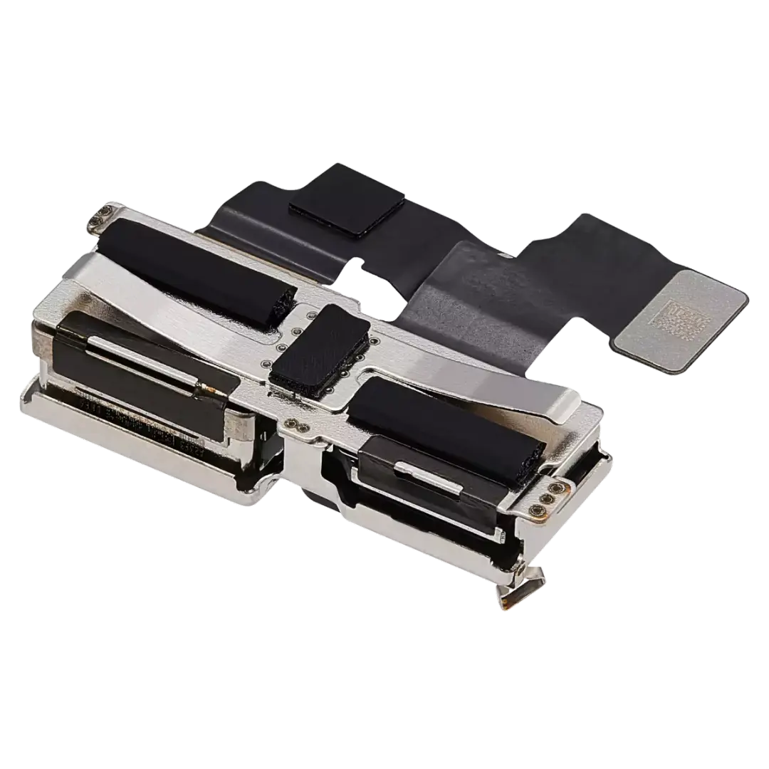 A replacement dual SIM tray connector module for mobile phones, featuring a silver metal frame with black rubberized elements and a black flexible circuit board, shown on a plain white background.