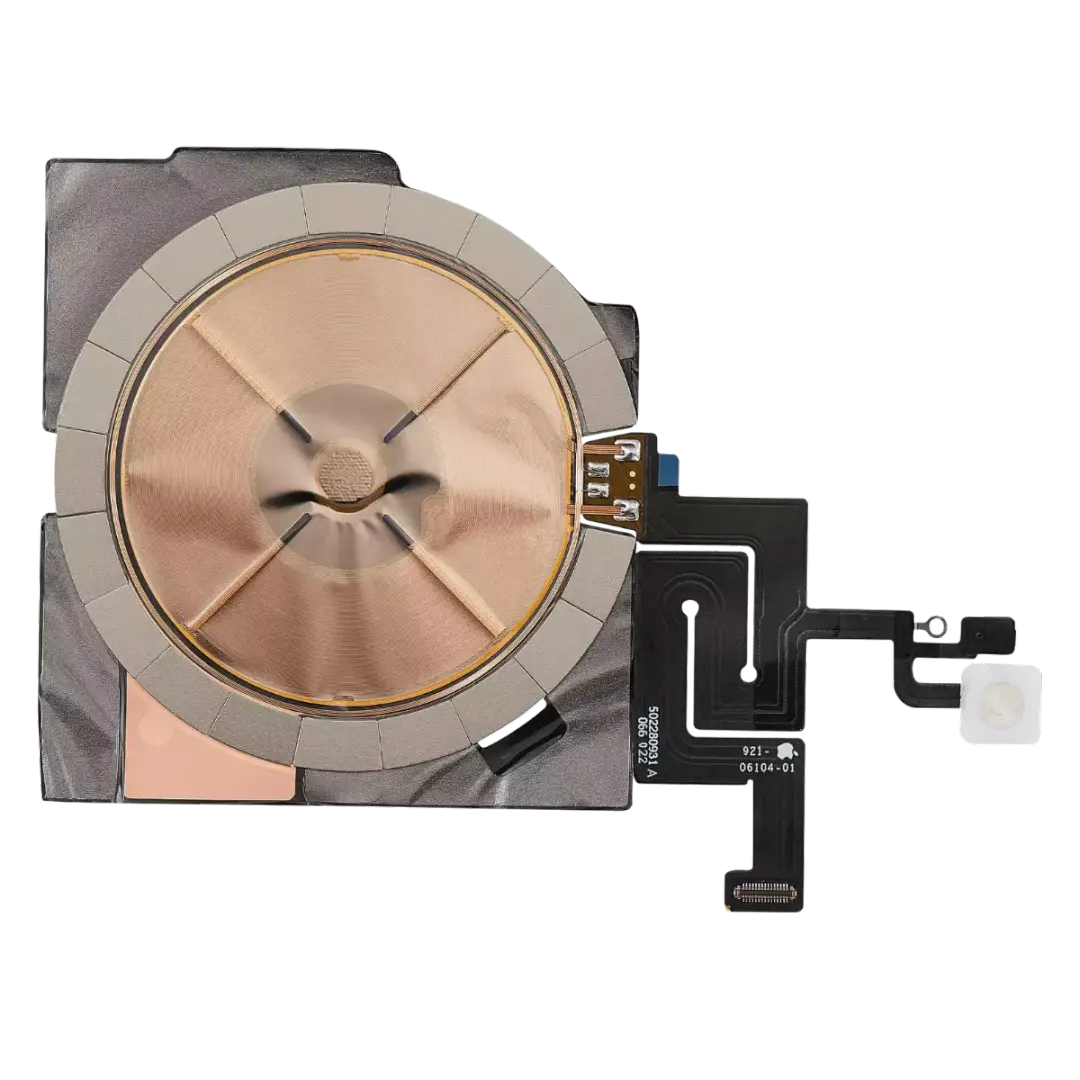 A replacement electronic component, likely a touch sensor or flex sensor module, featuring a circular metallic copper heat sink surrounded by a gray protective ring, with a black flexible circuit board and a small white square sensor on the right, isolated on a white background.