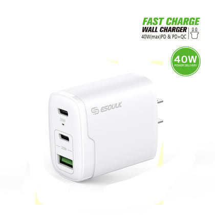 Esoulk 40W Dual Type c PD+ USB Fast Wall Charger White