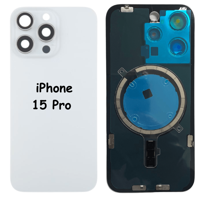 iPhone 15 Pro Battery Back Glass Cover with Camera Lens Cover + MagSafe Magnet (White Titanium) - Best Cell Phone Parts Distributor in Canada, Parts Source