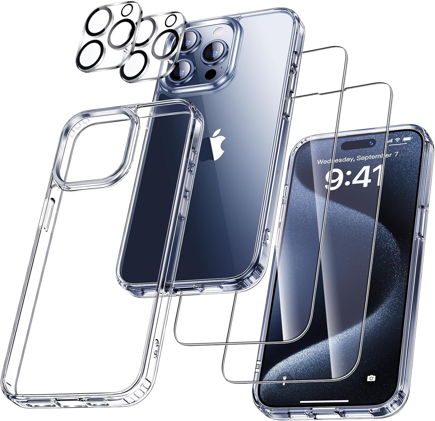 Aven 5 in 1 for iPhone 15 Case, with 2 Tempered Glass Screen Protector + 2 Camera Lens Protector