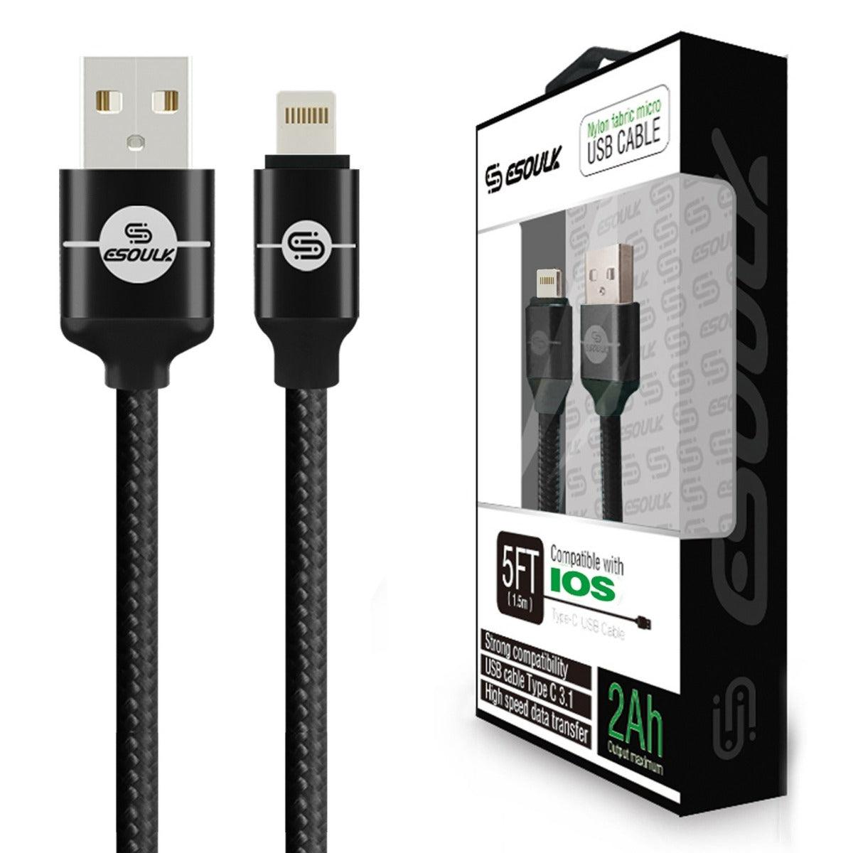 Esoulk Lightning USB Cable 2A Nylon Braided Black for iPhone and iPad EC40P-TPC-BK - Best Cell Phone Parts Distributor in Canada